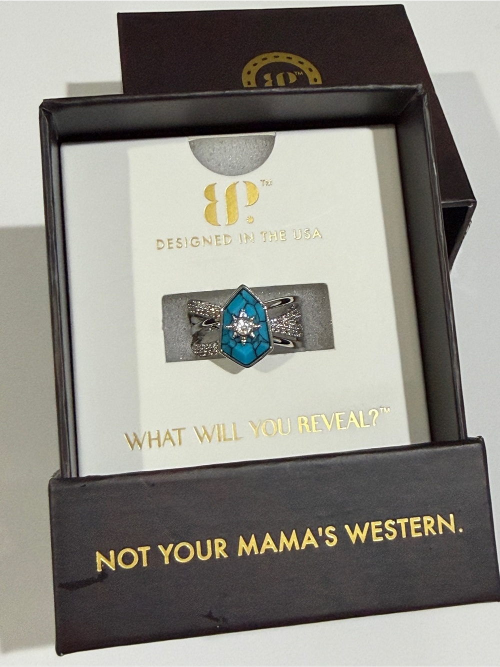 Bomb Party Outlaw Ring size 6 Sparkling Saddle Rhodium and Turquoise